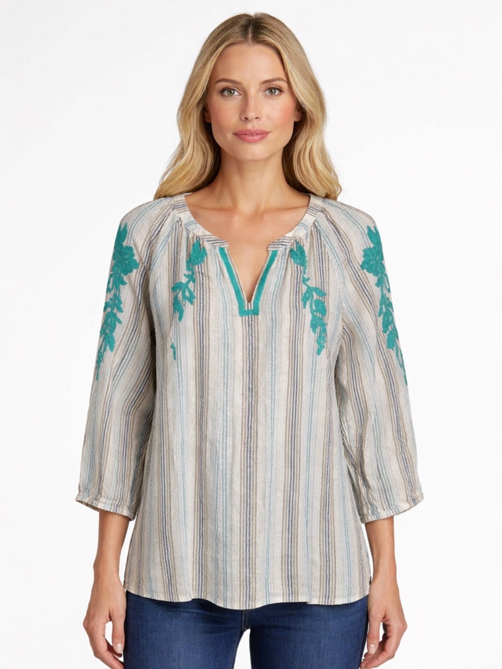 J. jill linen peasant top striped embroidered 100% linen tunic Size Medium